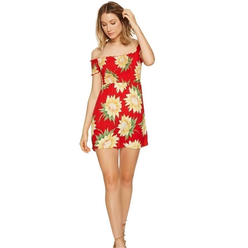 Show Me Your Mumu Dolly Red Sunflower Dress Off The Shoulder Smocked Women's S